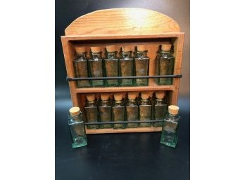 Vintage Spice Jar Shelf And 14 Green Glass Jars With Cork Tops