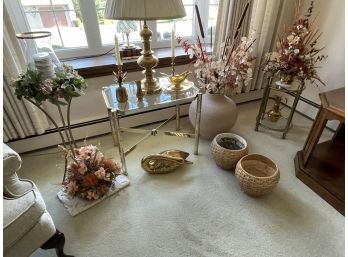DECORATIVE GLASS AND BRASS TABLES AND DECORATIONS