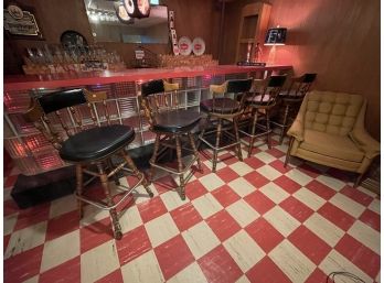 FIVE WOOD AND LEATHER BAR STOOLS