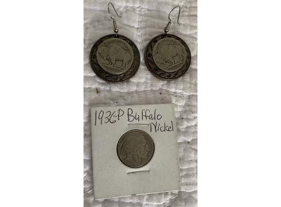 1936-P Buffalo Nickel And Ear Rings