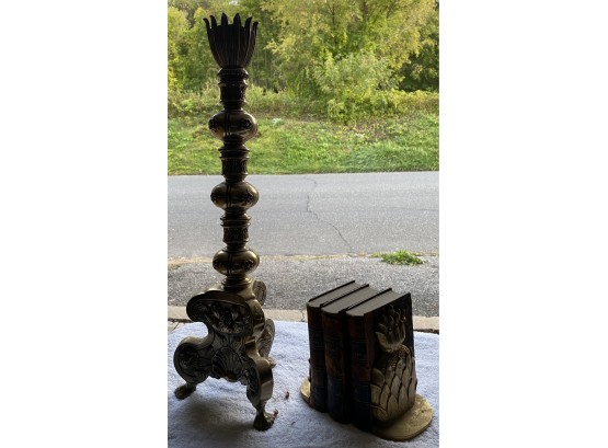 Brass Candlestick, Antique Book With Brass Pineapple