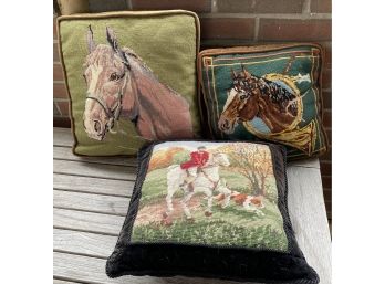 Three Needlepoint Horse Themed Pillows