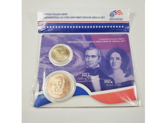 U S Government James K Polk  Presidential $1 Coin And First Spouse Medal Set