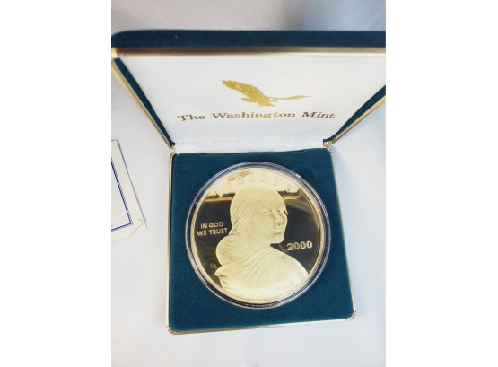 2000 Giant Quarter Pound .999 Silver Proof Golden Dollar Sacagawea Coin In Display Box & COA