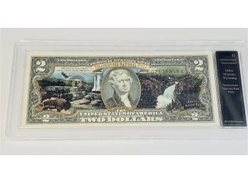Yellowstone National Park Uncirculated Colorized $2 Note In Plastic Slab