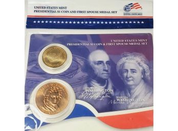 U S Government George Washington  Presidential $1 Coin And First Spouse Medal Set