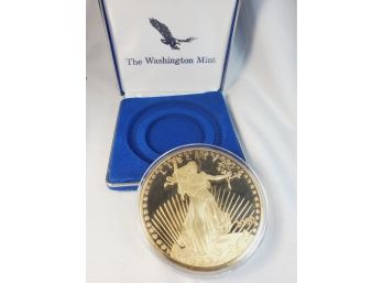 Giant Gold Over 4 Oz .999 Pure Silver Coin In The Shape Of  A Gold Liberty In Display Case