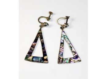 Antique Sterling Silver And Colorful Inlay Hanging Triangle Earrings