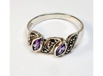Sterling Silver Amethyst And  Marcasite Ring