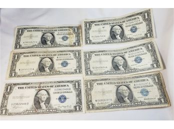 6 Silver Certificates $1 Dollar Bills