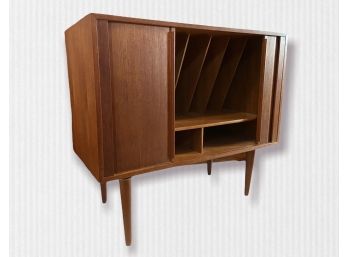 Mid Century Danish Modern Teak Record Cabinet With Tambour Doors  33.5' X 16' X 30'