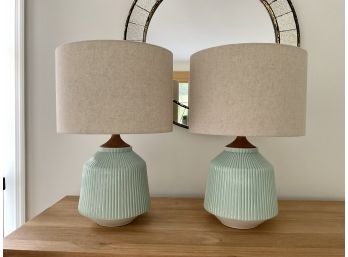 West Elm Ripple Ceramic Table Lamps W Linen Shades- A Pair