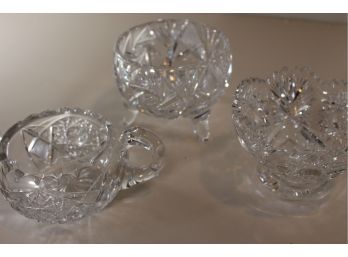 3 Crystal Items - Footed Bowl And Bowl With Handles