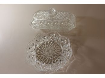 Avon Crystal Butter Dish And Round Dish
