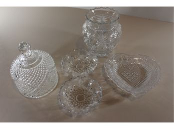 5 Assorted Crystal Pieces - Heart, 2 Round, Vase And Cover