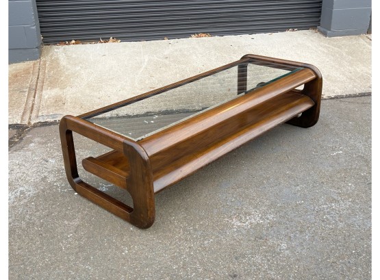 Vintage Lou Hodges Style Walnut And Glass Top Coffee Table