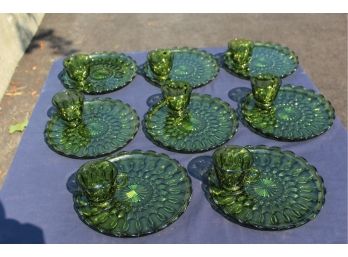 16 Piece Vintage Green Glass Plate & Cup Group 1970s