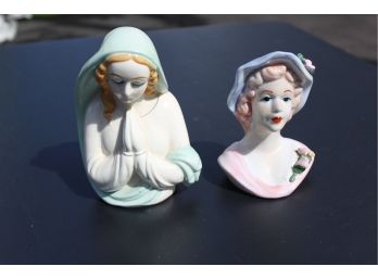 2 Porcelain Figures - Virgin Mary & Classic Society Woman 1970s Japan