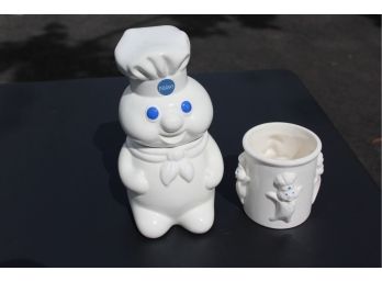 1988 Pillsbury Doughboy Ceramic Cookie Jar & Pillsbury Utencil Holder