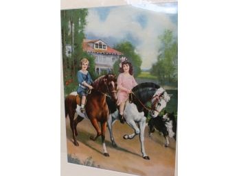 1920 Illustration Lithograph- Girls On Horses 100 Years Old