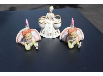3 Vintage Porcelain Figures - Whimsical Girl Lost In Reverie & Woman With Baskets