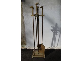 Brass Goose Head Fireplace Set 3 Tool & Holder