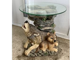 Adorable Mommy Wolf & Pup Glass Top Table ~