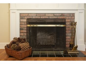 Fireplace Set - Screen / Tools / Basket Of Huge Pinecones  Grate And Cast Iron Heat Reflector With Geese