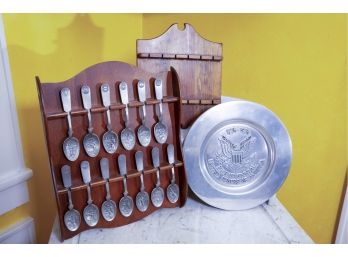 Complete Set Of Colonial Spoons On Vintage Display Rack, Heavy  Bicentennial Commemorative Plate