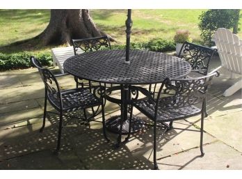 Wrought Iron Outdoor Table, Chairs And Umbrella