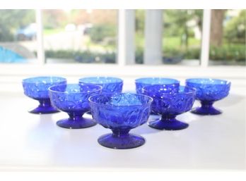Seven Luminarc France Cobalt Blue Glass Footed Dessert/Fruit Cups Embossed Fruits Pattern Made In France