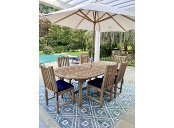 Outdoor Classics Oval Teak Table, Six Chairs & Sunbrella Umbrella