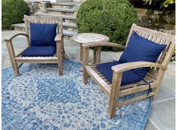 PAIR Outdoor Classics Teak Club Chairs, Circular Side Table & Blue/White Area Carpet