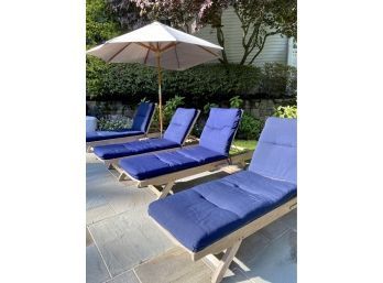 Outdoor Classics Set Of 4 Outdoor Teak Loungers With Navy Canvas Cushions