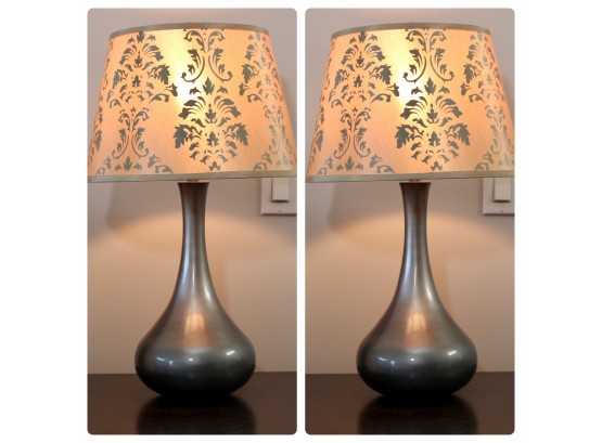 Pair Of Modern Silver Toned Lamp With Pretty Floral Shade