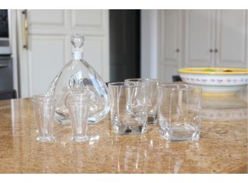Decanter,four Matching Shooters And Three Clear Glass Scotch Glasses
