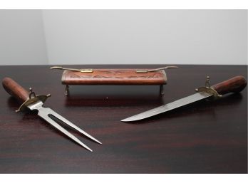 Antique Vintage Brass & Hand Carved Wood Sheath Carving Knife And Fork Set From India