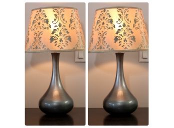 Pair Of Modern Silver Toned Lamp With Pretty Floral Shade