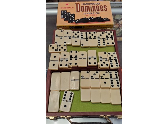 Two Set Of Dominoes - Vintage Cardinal's Hardwood Dominoes In Orig Box 28 Pieces & Travel Case 28 Pieces