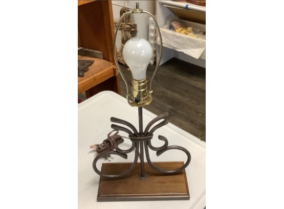 Vintage Wrought Iron Lamp With Solid Wood Base. Working.