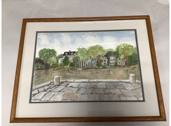 Henry S. Bullock- Hand Signed,  Vintage Original Watercolor On Paper.  Vibrant Waterfront Landscape