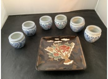 Lot Of Six 2.50 Inch Asian Fish Bowl Cups And 1 Asian Glazed Plate. No Condition Issues.