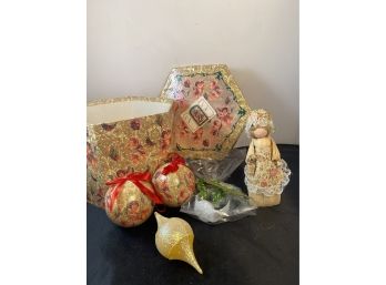 Wonderful Collection Of Victorian Christmas Tree Ornaments In A Decorative Cherubs Lidded Hexagon Shaped Box