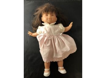 Vintage Corolle Brand Doll - Flowing Long Brown Hair, Sleep Eyes And A Pretty Pink Dress