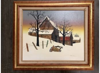 Vintage Work Of Art On Canvas Signed Oil Painting By H. Hargrove. Serenity In Winter Beauty With Barn.