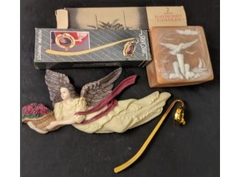 Lot Of Home Decor & Fun Items- Gold Plated Bookmark Photo Holders, Bayberry Candles, Angel Art
