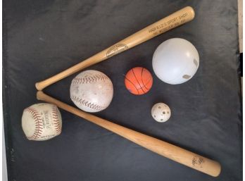 Vintage Lot Of Softballs Wiffle Balls And Miniature Baseball Bats - One Bat Is A NY Yankees Mini Stadium Bat