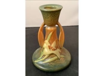 Antique ROSEVILLE Pottery 1163- 4 1/2' Green/Brown Zephyr Lily Candle Holder. Very Good Condition