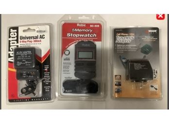 Lot Of 3 Items. Universal AC/DC Adapter, Cell Phone/PDA Travelers Adapter & A 5 Memory Stop Watch. Never Used