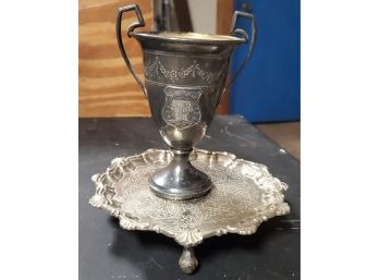 Feb 14, 1915 - 25th Anniversary Loving Cup Trophy  & An Ornate S/ P Tray Made In England